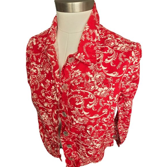 Red & White Floral Patterned Button-Up Womens Jacket Shacket Size M JJ4150 - Picture 5 of 9